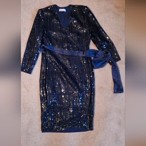 Vintage Fred Hayman Of Beverly Hills EUC Sequin Midnight Blue Wrap Dress